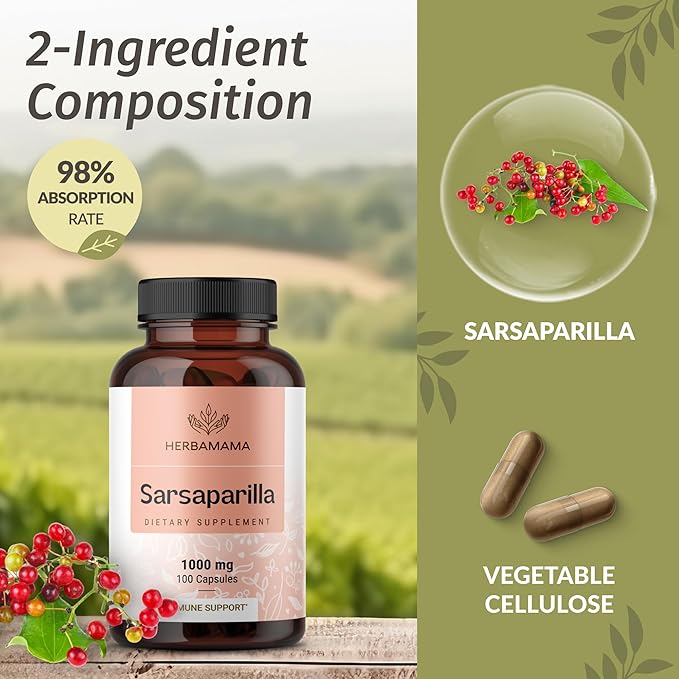 HERBAMAMA Sarsaparilla and Ashwagandha Kit - Bundle of 1000 mg Sarsaparilla Root Capsules &amp Ashwagandha Root Tincture 2 fl oz - Vegan Non-GMO Sugar &amp Alcohol-Free - 2 Pack