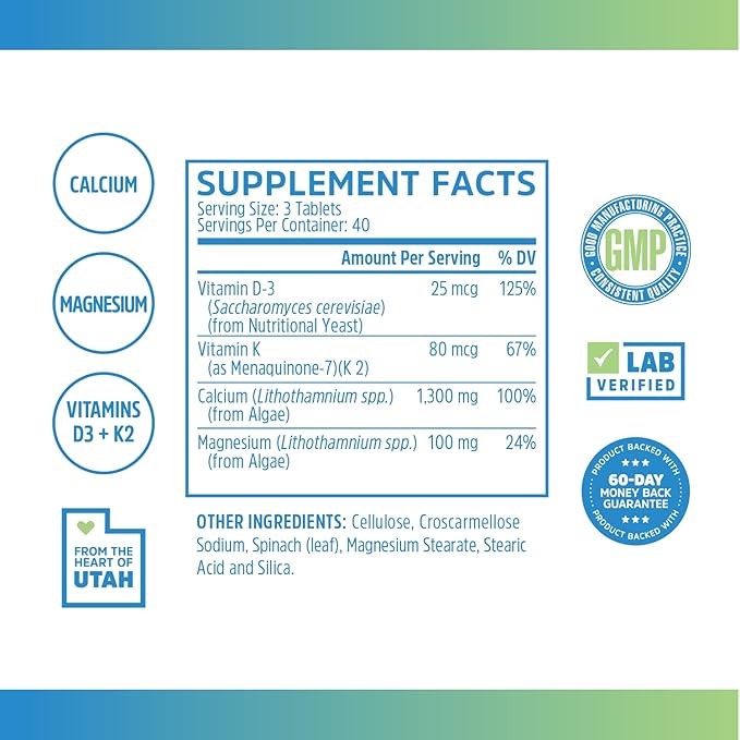 Zhou Calcium Greens - Calcium Supplements for Women &amp Men Bone Strength Support Supplement with Vitamin D3 Bone Support with Algae &amp Vitamin K2 &amp D Plant Based - 120 Tablets