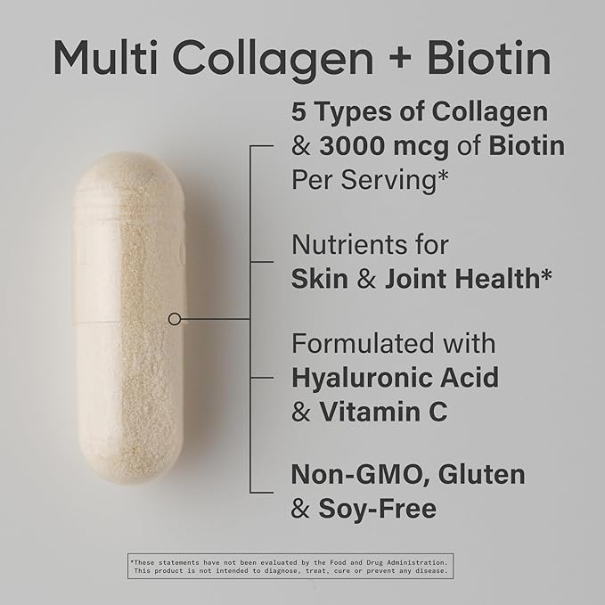 Sports Research® Biotin-Infused Collagen Peptides Complex with Hyaluronic Acid – 5 Multi Collagen Types for Hair Skin &amp Joint Support* - Gluten Free · Non-GMO · 90 Capsules