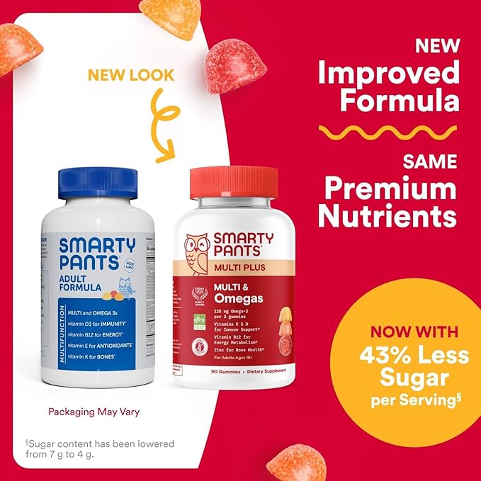 SmartyPants Multivitamin for Men &amp Women Multivitamin Gummies with Omega 3 (DHA/EPA) Vitamin D3 C Vitamin B12 B6 A K &amp Zinc Biotin Gluten Free 90 Count (30 Day Supply)