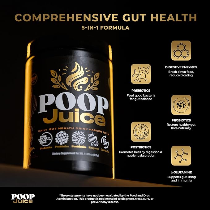Poop Juice 5-in-1 Daily Fiber Supplement Powder - Bloat &amp Poop Relief - Prebiotic Probiotic Postbiotic Digestive Enzymes L-Glutamine - GLP-1 Support - Sugar-Free Strawberry Lemonade (30 Servin
