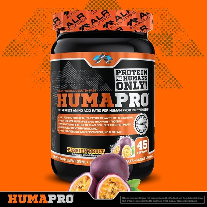 Humapro | Amino Acids Protein Matrix for Humans | 99% Utilization for Lean Muscle | Vegan Gluten Free | 334g / 45 Servings (Passion Fruit)