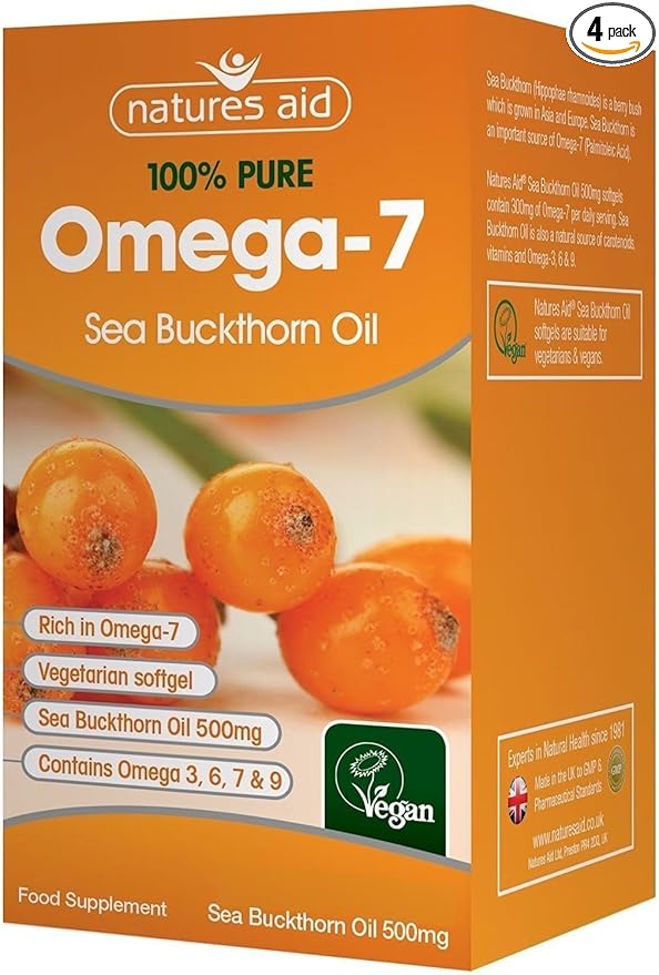 Natures Aid Sea Buckthorn Oil 500mg (Omega-7) 60 Vegan Softgels (Pack of 4)