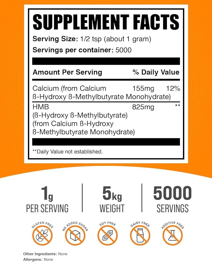 BulkSupplements.com HMB Powder - as Calcium HMB Supplement Beta-Hydroxy Beta-Methylbutyrate - Unflavored &amp Gluten Free 1g per Serving 1kg (Pack of 5) (11 lbs)