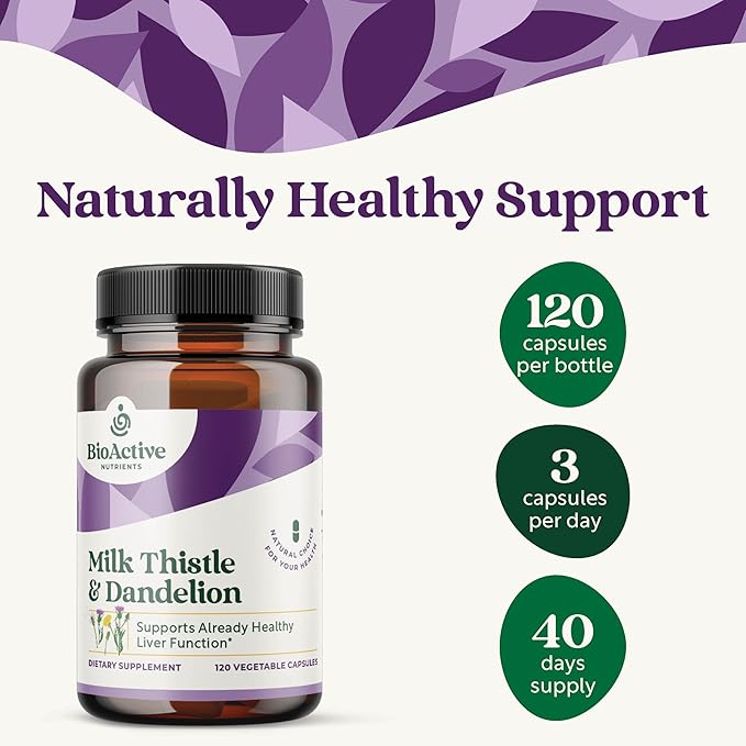 BIOACTIVE NUTRIENTS Supplement - Milk Thistle Extract &amp Dandelion Root - Daily Support Supplements - 100 Vegetable Capsules