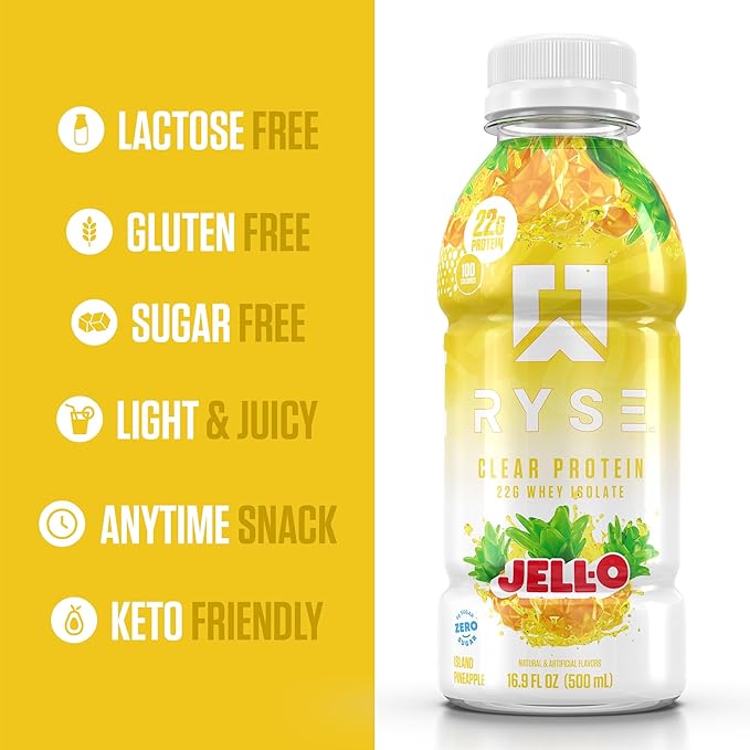 RYSE Clear Protein Drink - Jell-O Island Pineapple - 100 Calories 22g Whey Isolate Protein Shake Sugar-Free 0g Fat &amp Lactose-Free - Refreshing Ready-to-Drink Beverage - 16.9 fl oz Bottles (12-P