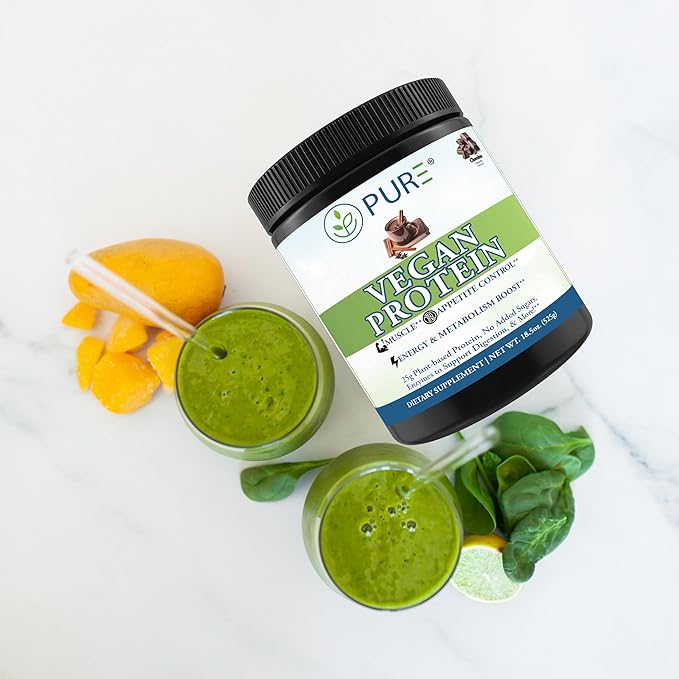 PURE® Vegan Protein Powder - 25g Plant Based Protein 15 Servings - Pea &amp Mung Bean Blend with Digestive Enzymes - Dairy-Free - Muscle Recovery &amp Appetite Control - Vanilla 495 Grams