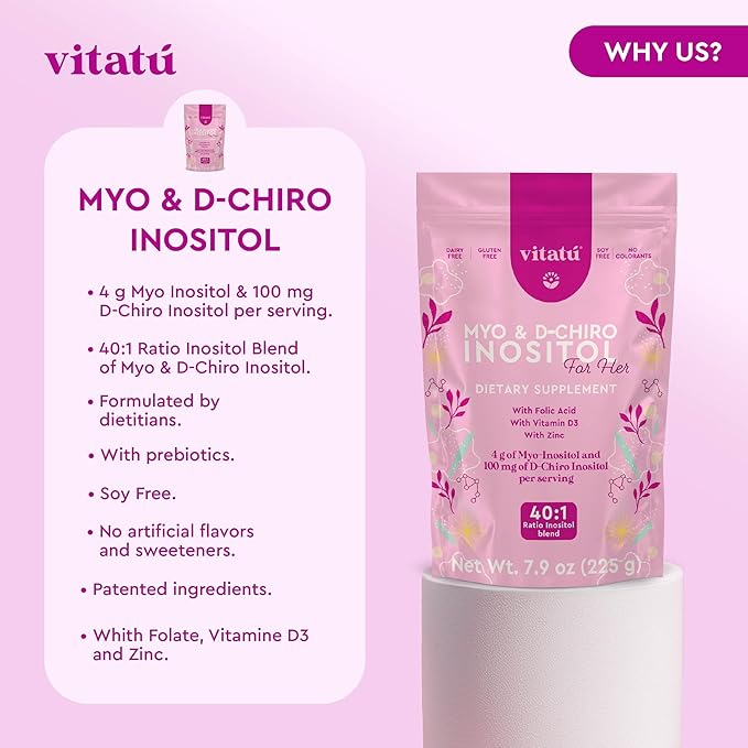 | Myo Inositol (4g) &amp D-Chiro Inositol (1g) Ideal Mix 40:1 | Duration 45 Days | with Folic Acid + Vitamin D3 + Zinc Powdered Dietary Supplement for Women (225 g)
