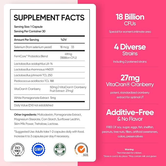 Vaginal Probiotics for Women pH Balance with Lactobacillus Probiotic &amp Cranberry White Pomegranate Women's Vaginal Health Supplement Healthy Vaginal Odor &amp Vaginal Flora 30Ct (Pack of 2)