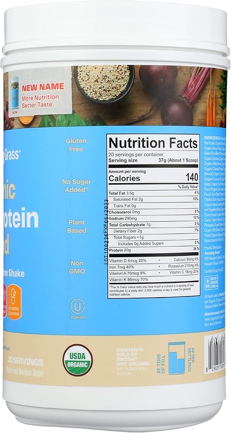 Amazing Grass Organic Plant Protein Blend: Vegan Protein Powder New Protein Superfood Formula All-In-One Nutrition Shake with Beet Root Pure Vanilla 20 Servings