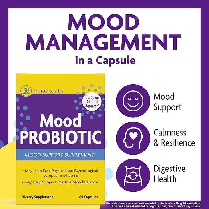 InnovixLabs Mood Probiotic for Women &amp Men Clinically Studied Digestive &amp Mood Support Supplement Lactobacillus helveticus Rosell-52ND &amp Bifidobacterium longum Rosell-175 60 Capsules (P