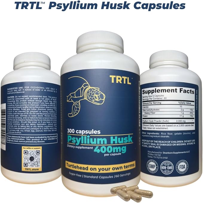 TRTL Psyllium Husk Capsules – 300ct | Fiber Supplement for Gut Health &amp Regularity | Made in the USA with Globally Sourced Ingredients | Non-GMO | 2g Psyllium Husk Powder per Serving