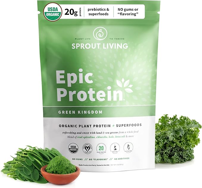 Sprout Living Epic Protein Plant Based Protein &amp Superfoods Powder Green Kingdom | 20 Grams Organic Protein Powder Greens Vegan Non Dairy Non-GMO Gluten Free Low Sugar (1 Pound 12 Serving