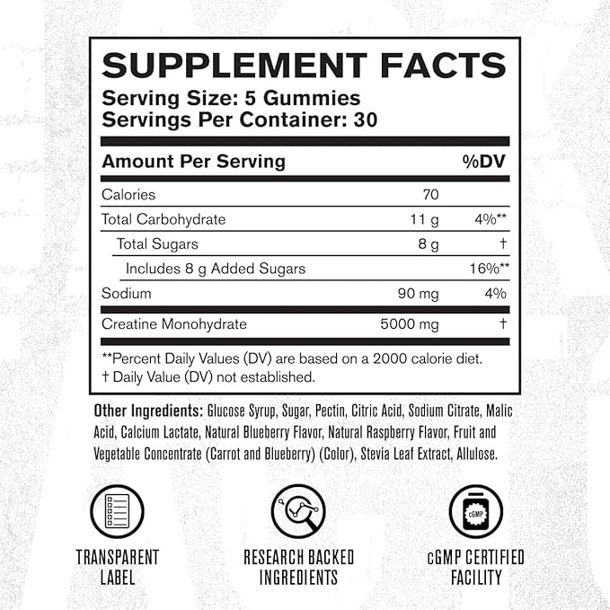 Jacked Factory Creatine Monohydrate Gummies 5g Daily Dose - Creatine Gummy for Men and Women Vegan-Friendly Travel-Friendly Third-Party Tested - 150 Gummies Blue Raspberry &amp Watermelon