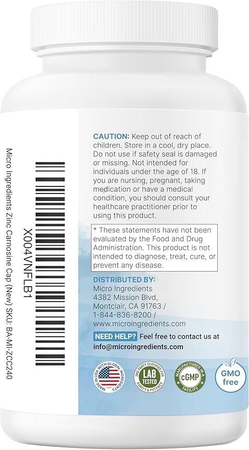 Zinc Carnosine 75mg 240 Veggie Capsules | 10-in-1 Zinc Supplements for Men &amp Women with Glutamine DGL Licorice Quercetin Slippery Elm Bark &amp Ginger Root | Non-GMO Gluten Free