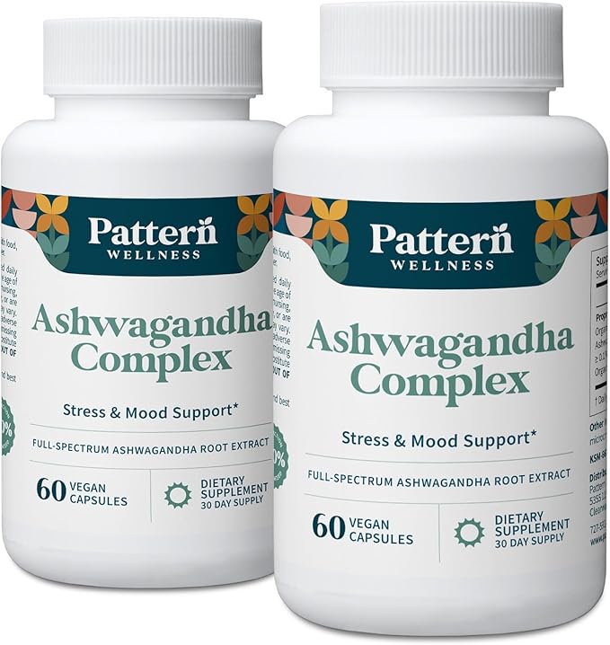 Pattern Wellness Ashwagandha Complex for Men &amp Women – Organic KSM-66® &amp Black Pepper Extract – Supports Stress Response &amp Energy Balance – Non-GMO – 120 Vegan Capsules