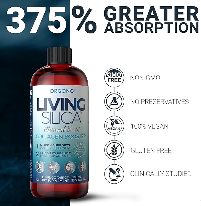 Living Silica ORGONO Collagen Booster | Vegan Mineral-Based Silica Supplement | Supports Healthy Collagen &amp Elastin Production for Joint &amp Bone Support Glowing Skin Strong Hair &amp Nails |