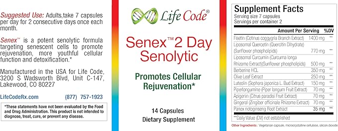 Senex 2 Day Senolytic Complex Supports Elimination of Senescient Cells Rejuvenation Anti-Aging with 10 Ingredients Including Fisetin Quercetin Apigenin Luteolin Piperlongumine ...