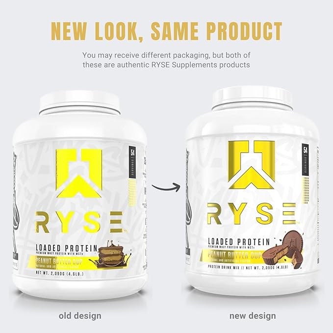 RYSE Loaded Protein Powder - Peanut Butter Cup - 25g Whey Protein Isolate &amp Concentrate with Prebiotic Fiber &amp MCTs - Low Carb Low Sugar Digestive-Friendly - 54 Servings / 4 lb Tub