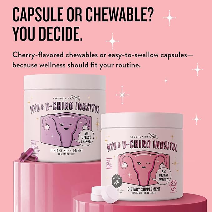 Legendairy Milk Myo Inositol and D Chiro Inositol Supplement for Women 40:1 Ratio PCOS Fertility Support Hormone Balance Sugar Free Vegan Chewable Tablets Cherry Flavor 90 Day Supply Pack of 3
