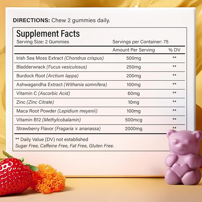 150 Sea Moss Gummies | 9-in-1 Formulation with Irish Sea Moss Ashwagandha Burdock Elderberry Bladderwrack Maca Zinc B12 | Energy &amp Immune Support | Strawberry Flavor Vegan Gummies