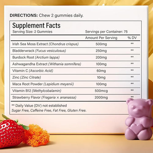 150 Sea Moss Gummies | 9-in-1 Formulation with Irish Sea Moss Ashwagandha Burdock Elderberry Bladderwrack Maca Zinc B12 | Energy &amp Immune Support | Strawberry Flavor Vegan Gummies