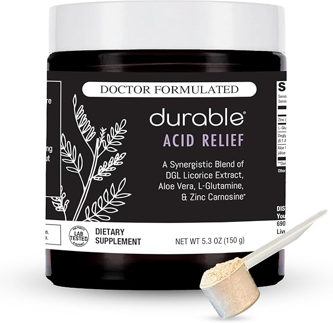 Durable Acid Relief – DGL &amp Aloe Vera – Supports Occasional Heartburn Indigestion &amp Reflux – Gut &amp Digestive Health – Doctor Formulated Vegan Non-GMO Made in USA – Powder 30 Servings