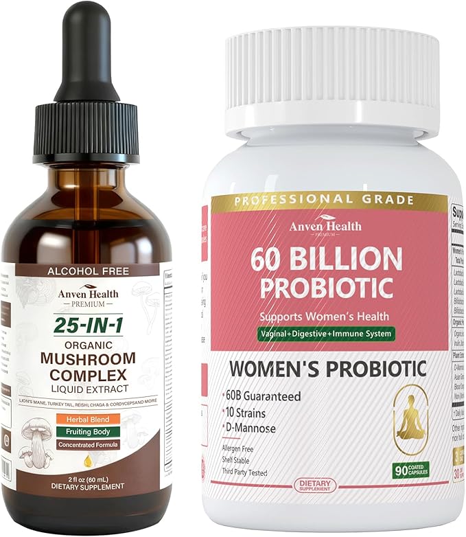 Probiotics and Organic Prebiotics for Women pH Balance 25-in-1 Organic Mushroom Complex Supplement Liquid Drops