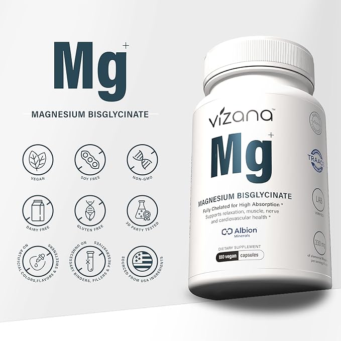 Magnesium Bisglycinate – 100% Pure Albion® TRAACS® Chelate – 330mg Elemental Magnesium – Non-Buffered No Oxide Gentle on Stomach – 180 Vegan Capsules