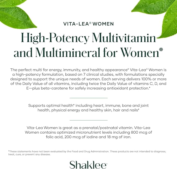 Shaklee - Vita-Lea® Women High-Potency Multivitamin &amp Multimineral for Women - Prenatal/Postnatal Support with 800 mcg Folic Acid 200 mcg Iodine 18 mg Iron - 240 Tablets