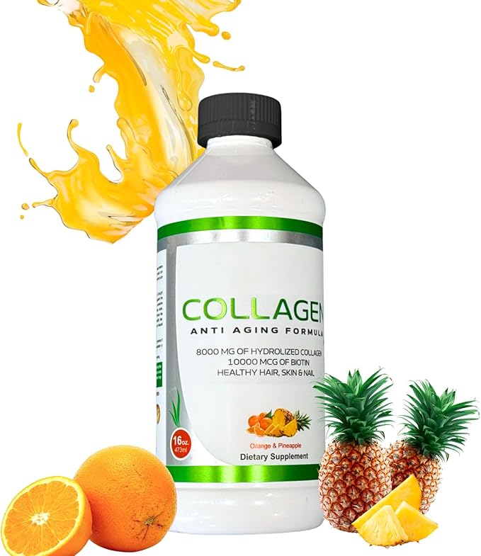 Liquid Collagen for Women &amp Men-Pine'O'Range Flavored Premium Grade 10000 mcg Biotin+8000 mg of Hydrolyzed Collagen for Radiant Skin GlowAnti-AgingHair Growth &amp Nice Nails.16 fl oz-Made in U