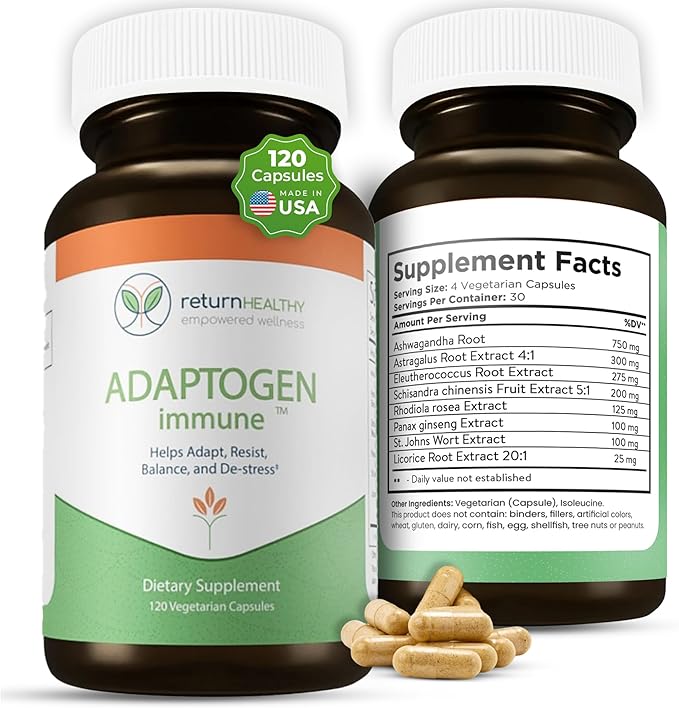 Adaptogen Immune Adaptogens Supplements Ashwagandha Supplements with Siberian Ginseng Astragalus Root and More - Promotes Healthy Body Functioning - Stress Relief Supplement 120 Capsules