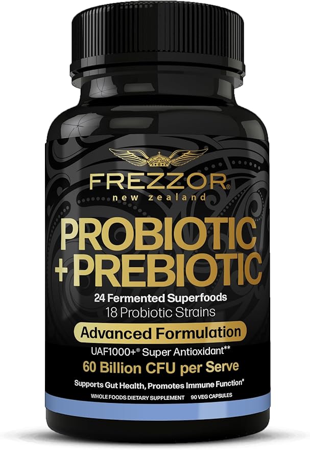 FREZZOR Probiotic + Prebiotic Capsules Once Daily 60 Billion CFUs Digestive Health for Men and Women 18 Strains Shelf Stable with Fermented Wholefoods Prebiotic &amp Fibre 90 caps 1 Month Sup