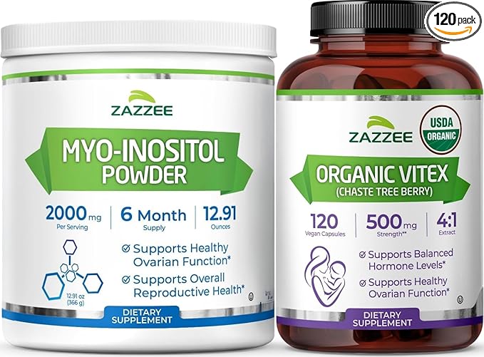 Zazzee Organic Vitex Chasteberry and Myo Inositol Powder | Vitex Berry Extract Plus Myo Inositol Supplement | Female Cycle Support Bundle