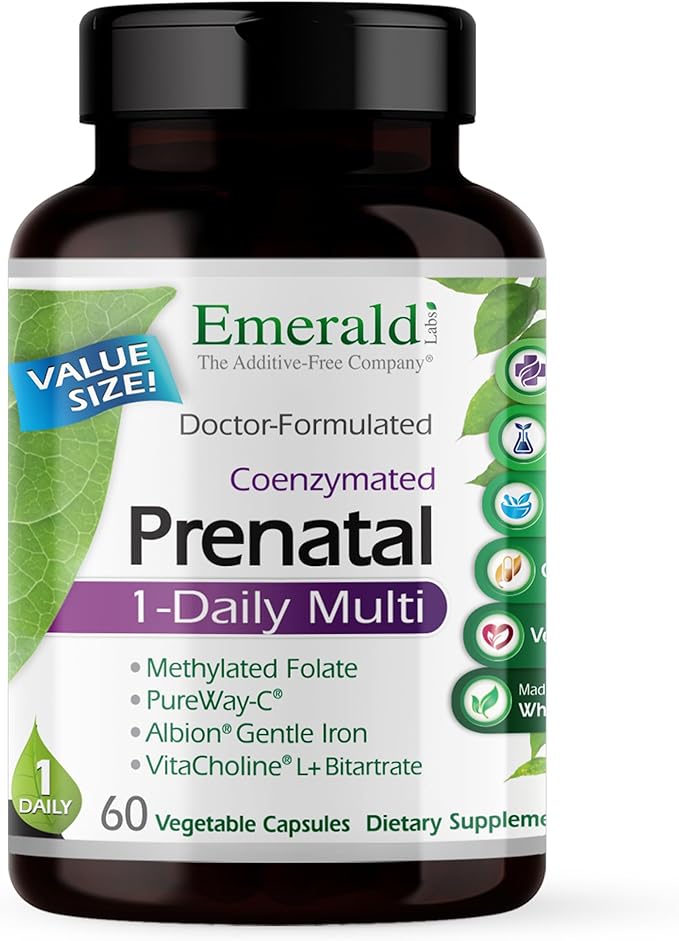 EMERALD LABS Prenatal 1-Daily Multi - Prenatal Multivitamin with Methylated Folate Iron Whole-Food Blend &amp More - Soy-Free Gluten-Free - 60 Vegetable Capsules