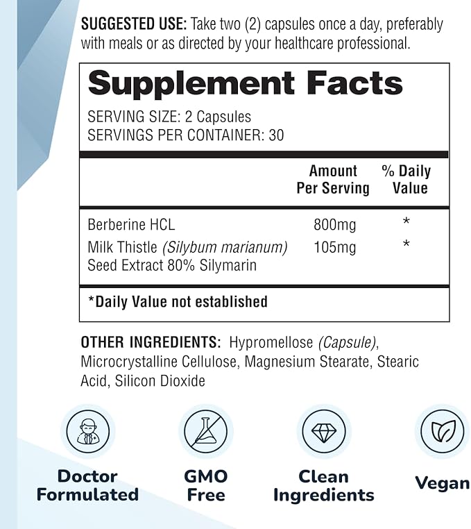 Berberine Supplement 800mg w/ Milk Thistle Berberina Capsules Supports Heart Health Weight Management Cholesterol &amp Blood Sugar Levels in a Normal Range - Non-GMO-60 count 30 Servings