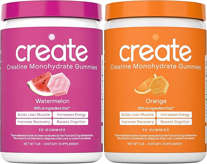 Create Creatine Monohydrate Gummies - Summer Splash Duo - Watermelon &amp Orange - Creatine Gummies for Women &amp Men NSF Certified 3rd Party Tested Anti-Melting Formula 180 Count (2-Pack)