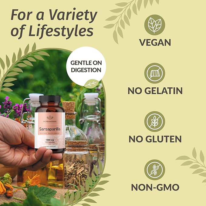 HERBAMAMA Sarsaparilla and Ashwagandha Kit - Bundle of 1000 mg Sarsaparilla Root Capsules &amp Ashwagandha Root Tincture 2 fl oz - Vegan Non-GMO Sugar &amp Alcohol-Free - 2 Pack