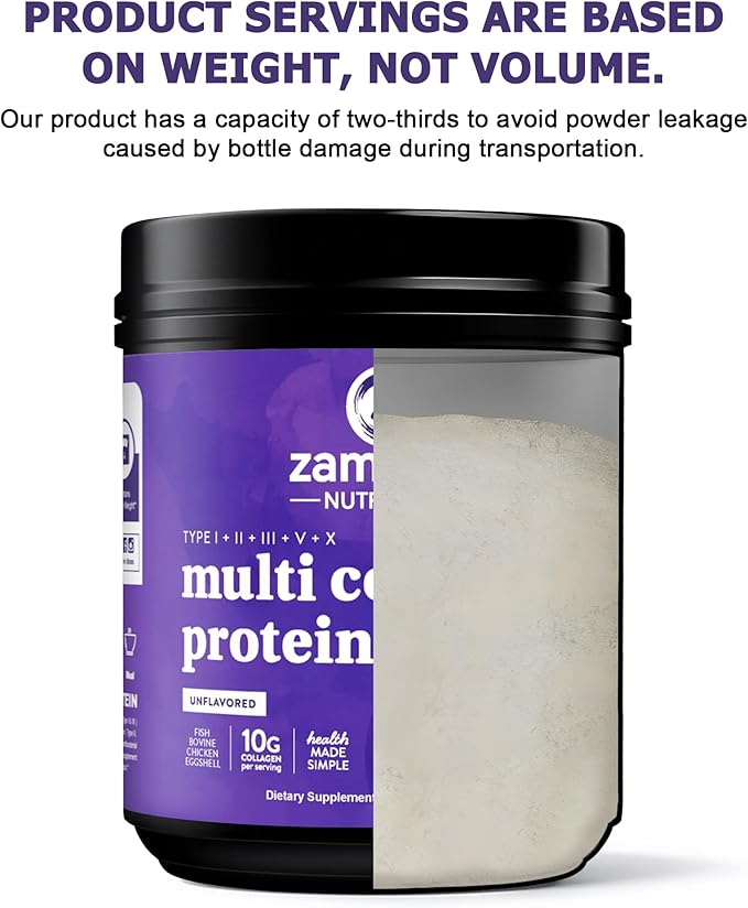Zammex Multi Collagen Protein Powder 5 Types of Hydrolyzed Collagen Peptides Premium Grass-Fed Beef Chicken Wild Fish Eggshell Keto &amp Paleo Friendly 60 Servings Unflavored