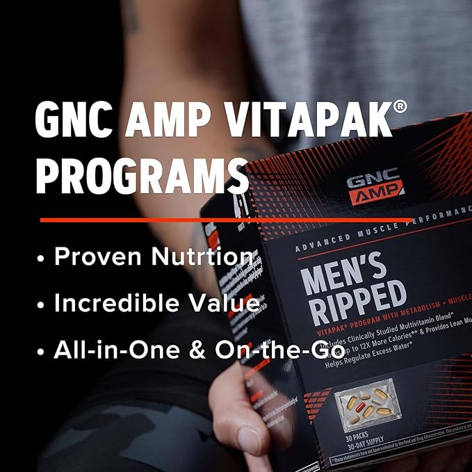 GNC AMP Men’s Ripped Vitapak Program 4 in 1 Product Vitamin Pack Metabolism &amp Lean Muscle Tone Burn Calories Water Shedding Adult Multivitamin Caffeine CLA Proven Ingredients 30-Day Suppl