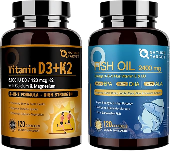 NATURE TARGET Bone &amp Heart Synergy Bundle — Vitamin D3 K2 + Triple Omega 3-6-9 Fish Oil with Calcium &amp Magnesium &amp Vitamin E Complete Daily Support for Bones Heart Brain &amp Immune He