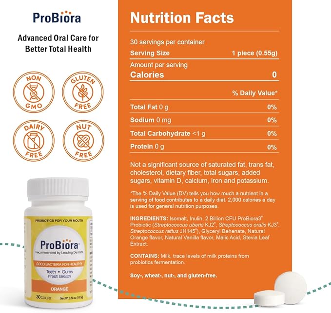ProBiora Oral-Care Chewable Probiotic Tablets | Probiotic Supplement for Women &amp Men | Healthier Teeth &amp Gums | Fresher Breath | Whiter Teeth | Better Overall Health | 30 Count | Orange