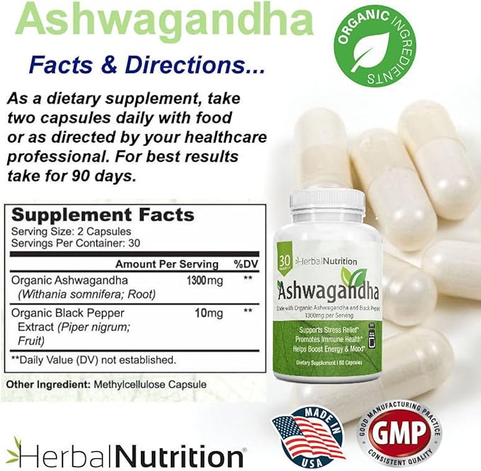 Herbal Nutrition Organic Ashwagandha 120 Vegan Capsules Withania somnifera Root Powder Traditional Ayurvedic Herb for Balance Calm &amp Daily Wellness Non-GMO Plant-Based Tested for Quality
