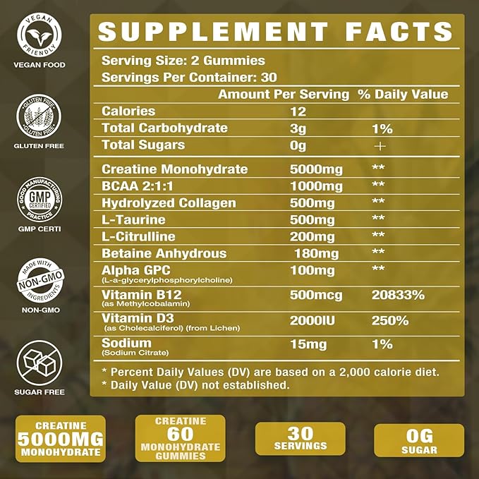 Creatine Monohydrate with Vitamins D3 &amp B12 | Sugar-Free Hydrolyzed Collagen &amp Creatine Gummies | 120 Count
