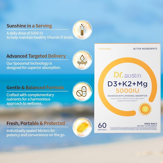 Dr. Austin Liposomal Vitamin D3 5000IU with K2 &amp Magnesium | Nano Targeted Delivery for High Absorption | Prenatal &amp Daily Immune Support | 60 Softgels (1)