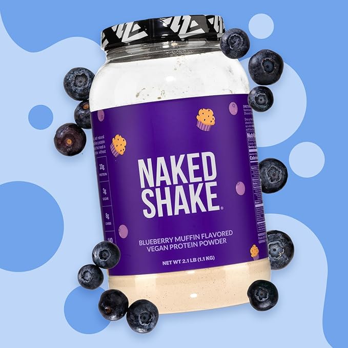 Naked Shake - Blueberry Muffin Protein Powder - Flavored Plant Based Protein from US &amp Canadian Farms with MCT Oil NSF Certified Gluten-Free Soy-Free No GMOs or Artificial Sweeteners - 30 Serv