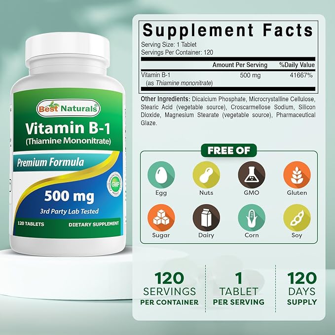 Best Naturals Vitamin B1 as Thiamine Mononitrate 500 mg Tablets (120 Count (Pack of 2))