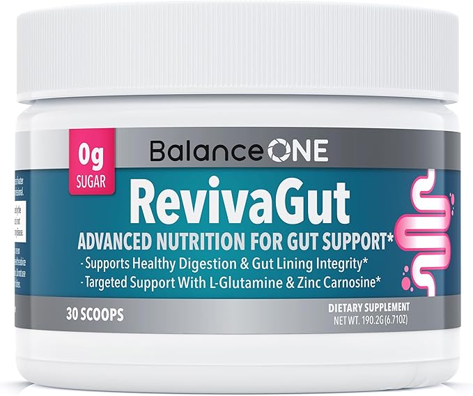 Balance ONE L-Glutamine Powder &amp Zinc Carnosine Supplement – Leaky Gut Repair Formula with Slippery Elm DGL Licorice Marshmallow &amp Aloe Vera – Digestive Lining Support – 1 Month Supply – Rev