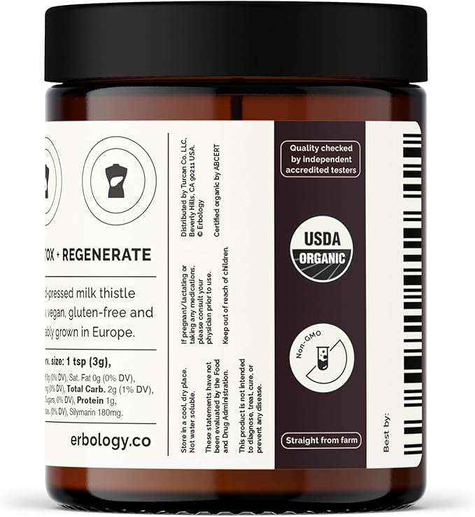 Erbology Organic Milk Thistle Powder 3.2 oz - 30 Servings - 180mg Silymarin per Serving - Liver Health - Cold-Pressed from 100% Milk Thistle Seeds - Sustainably Sourced in Europe - Vegan - GMO-Free