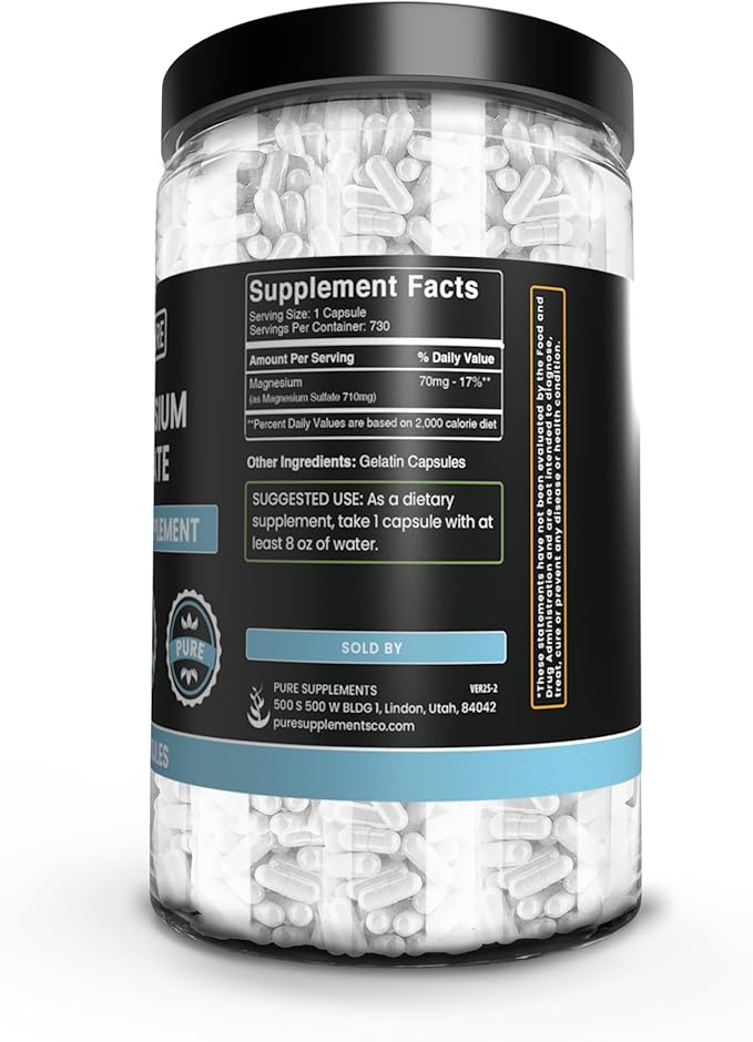 Pure Original Ingredients Magnesium Sulfate (730 Capsules) No Rice Fillers Always Pure Lab Verified